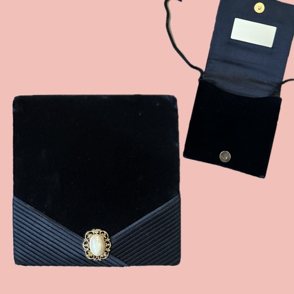 Handbags - Vintage Black Velvet Evening Bag – Pearl Brooch Detail : Elegant vintage